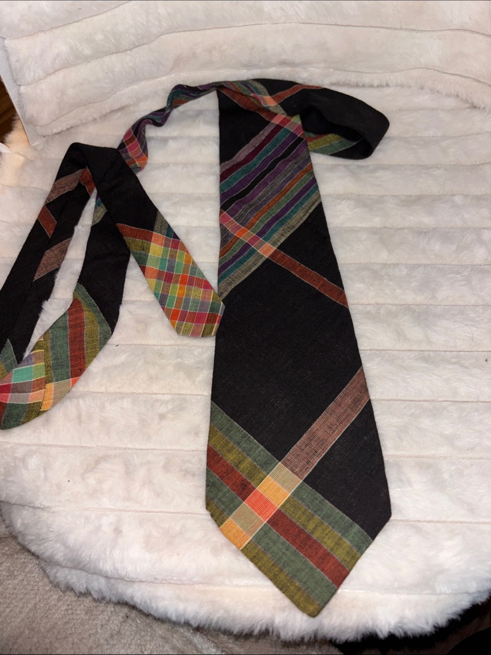 Vtg 80s Hanover Square Patchwork Plaid Tie Multi Color Geometric Academic Prep